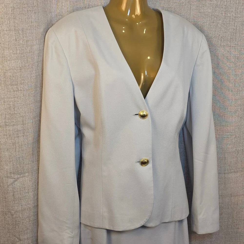 Vintage Saville 100% Silk Two Piece Suit Set Women's‎ 14 Light Gray Blazer Skirt
